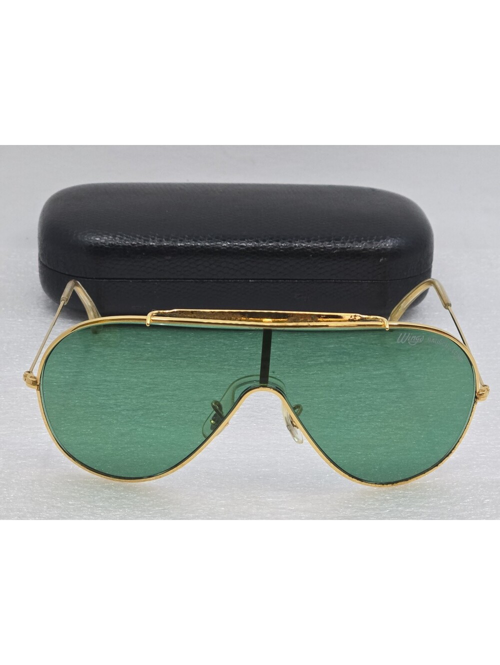 1980s Bausch & Lomb Ray-Ban Wings Sunglasses Gold Frame Green G15 Shield Lens